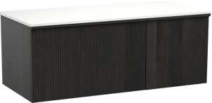 Balmani Forma hängendes Möbelstück Set: 120 x 55 cm, Schwarze Eiche, mit Stretto Einzel- oder Doppel Waschtischplatte, Solid Surface, Weiß matt, Vertikale symmetrische gerade Rippe