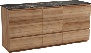 Balmani Lucida freistehendes Möbelstück Set: 180 x 55 cm, Teak, mit Stretto Einzel- oder Doppel Waschtischplatte, Marmor Portoro Gold