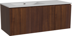 Storke Ribs zwevend badmeubel 120 x 52 cm notenhout met Diva asymmetrisch linkse wastafel in composietmarmer hoogglans wit, Verticale symmetrische rechte ribbel