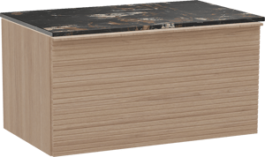 Balmani Forma hängendes Möbelstück Set: 90 x 55 cm, Naturbelassene Eiche, mit Stretto Einzel Waschtischplatte, Marmor, Portoro Gold, Horizontale symmetrische gerade Rippe