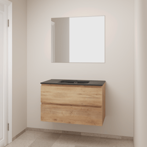 Linie Lado zwevend badkamermeubel 90 x 46 cm natuur eik met Baro enkele wastafel in porselein mat zwart en Soto badkamerspiegel