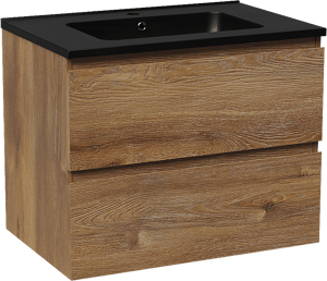 Linie Lado hängendes Möbelstück Set: 70 x 46 cm, Braune Eiche, mit Vano Einzelwaschtisch, Marmorkomposit Schwarz matt