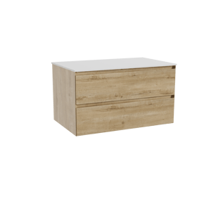 Balmani Mitra hängendes Möbelstück Set: 90 x 55 cm, Rohe Eiche, mit Stretto Einzel Waschtischplatte, Solid Surface Weiß matt