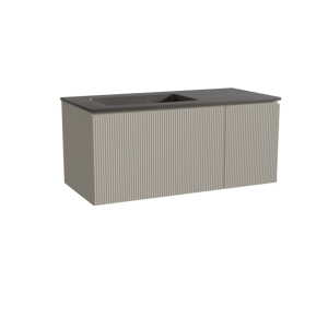 Storke Ribs meuble salle de bains suspendu 110 x 52 cm soie grise avec Scuro plan vasque asymétrique à gauche en quartz noir mat, Nervure droite symétrique verticale