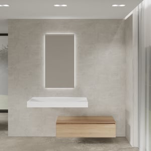 Balmani Mitra Elements hängendes Möbelstück Set: 120 x 55 cm, Naturbelassene Eiche mit Wave Einzelwaschtisch für 2 Armaturenlöcher, Solid Surface Weiß matt und Giro Badspiegel