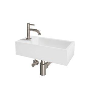 Luca Varess Cubic Handwaschbecken, Keramik weiß glänzend, 40,5 x 20 cm, Links, inklusive Chrom Wasserhahn und Zubehör