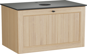 Balmani Lemon hängendes Möbelstück Set: 90 x 55 cm, Naturbelassene Eiche Furnier, mit Facetta Einzel Waschtischplatte, Schwarzes Granit