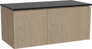 Storke Ribs hängendes Möbelstück Set: 110 x 52 cm, Rohe Eiche, mit Panton Einzel Waschtischplatte, Pulverbeschichtetes MDF, Schwarz matt, Vertikale symmetrische gerade Rippe