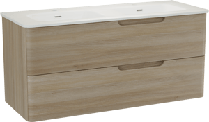 Linie Curvo hängendes Möbelstück Set: 120 x 46 cm, Eiche Hell, mit Baro Curvo Doppelwaschtisch Keramik Weiβ glänzend