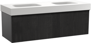 Balmani Forma hängendes Möbelstück Set: 150 x 55 cm, Schwarze Eiche, mit Arcato Doppelwaschtisch, Solid Surface, Weiß matt, Vertikale symmetrische gerade Rippe