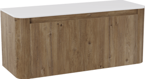 Storke Soft zwevend badkamermeubel 120 x 46 cm ruwe eik met Tavola Soft enkele of dubbele tablet in solid surface mat wit, Verticale symmetrische rechte ribbel