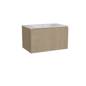 Storke Ribs hängendes Möbelstück Set: 85 x 52 cm, Rohe Eiche, mit Mata Einzelwaschtisch, Solid Surface, Weiß matt, Vertikale symmetrische gerade Rippe