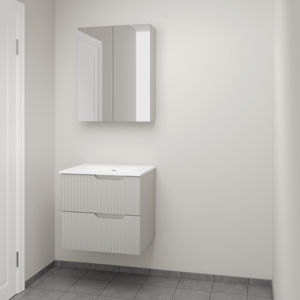 Linie Ribbo meuble salle de bains suspendu 60 x 46 cm greige avec Baro plan simple en porcelaine blanc brillant, Nervure circulaire symétrique verticale et Montro armoire de toilette