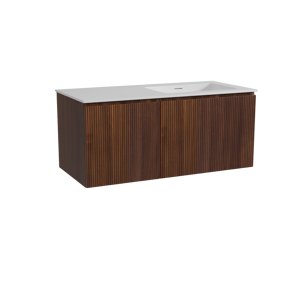 Storke Ribs hängendes Möbelstück Set: 110 x 52 cm, Nussbaum, mit Mata Waschtisch rechts, Solid Surface, Weiß matt, Vertikale symmetrische gerade Rippe