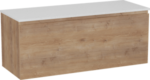 Linie Lado meuble salle de bains suspendu 120 x 46 cm chêne naturel avec Lado tablette simple ou double en mélaminé terrazzo blanc