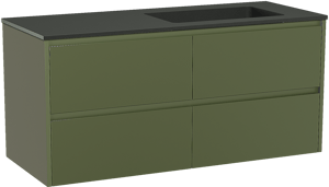 Storke Seda zwevend badkamermeubel 130 x 52 cm olijfgroen met Scuro asymmetrisch rechtse wastafel in kwarts mat zwart