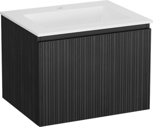 Storke Ribs meuble salle de bains suspendu 65 x 52 cm chêne noir avec Bilia plan simple en marbre composite blanc brillant, Nervure droite asymétrique verticale