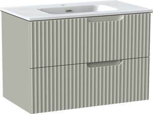 Linie Ribbo zwevend badkamermeubel 80 x 46 cm greige met Baro enkele wastafel in porselein glanzend wit, Verticale symmetrische ronde ribbel