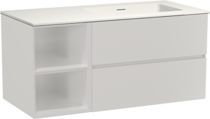 Storke Edge hängendes Möbelstück Set: 110 x 52 cm, Weiß glänzend, mit Mata Waschtisch rechts, Solid Surface Weiß matt