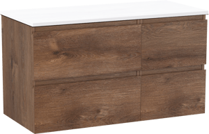 Linie Lado hängendes Möbelstück Set: 100 x 46 cm, Braune Eiche, mit Lado Einzel- oder Doppel Waschtischplatte, Marmorkomposit Weiß matt