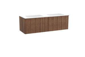 Balmani Forma meuble salle de bains suspendu 150 x 55 cm noyer américain avec Tablo Strada double vasque en marbre composite blanc mat, Nervure circulaire asymétrique verticale