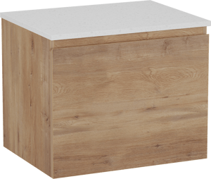 Linie Lado hängendes Möbelstück Set: 60 x 46 cm, Naturbelassene Eiche, mit Lado Einzel Waschtischplatte, Melamin in Terrazzo Weiß