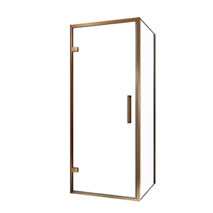 Balmani Senses Design douche en coin avec porte pivotante à gauche et paroi latérale fixe, 90 x 70 cm, Verre transparent, Profil Brushed Rosegold, coating inclus
