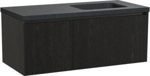 Balmani Fila hängendes Möbelstück Set: 120 x 55 cm, Schwarze Eiche, mit Napoli Waschtisch rechts, Granit, Schwarzes Granit, Vertikale symmetrische gerade Rippe