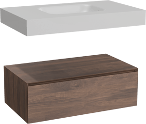 Balmani Mitra Elements hängendes Möbelstück Set: 90 x 55 cm, Amerikanischer Nussbaum mit Arcato Einzelwaschtisch, Solid Surface Weiß matt