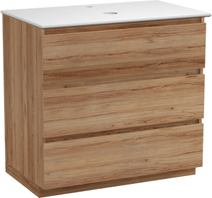 Balmani Lucida freistehendes Möbelstück Set: 90 x 55 cm, Teak, mit Facetta Einzel Waschtischplatte, Solid Surface Weiß matt