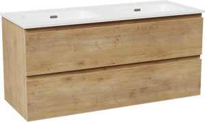 Linie Lado meuble salle de bains suspendu 120 x 46 cm chêne naturel avec Baro double vasque en porcelaine blanc brillant