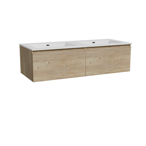 Storke Edge zwevend badmeubel 130 x 52 cm ruw eiken met Diva dubbele wastafel in composietmarmer hoogglans wit