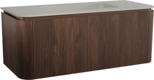 Balmani Moon zwevend badkamermeubel 130 x 55 cm amerikaanse notelaar met Moon enkele wastafel in top solid zijdegrijs, Verticale symmetrische rechte ribbel