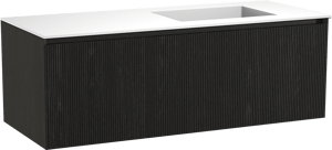 Balmani Fila zwevend badmeubel 135 x 55 cm zwart eiken met Tablo Stretto asymmetrisch rechtse wastafel in solid surface mat wit, Verticale symmetrische rechte ribbel