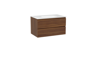 Balmani Lucida hängendes Möbelstück Set: 90 x 55 cm, Amerikanischer Nussbaum, mit Tablo Oval Einzelwaschtisch, Solid Surface Weiß matt