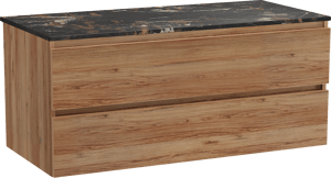 Balmani Lucida hängendes Möbelstück Set: 120 x 55 cm, Teak, mit Stretto Einzel Waschtischplatte, Marmor Portoro Gold