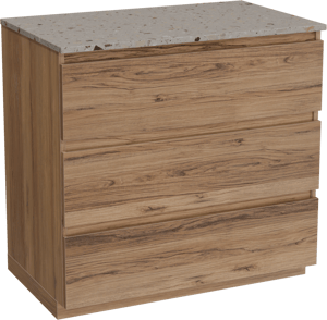 Balmani Lucida freistehendes Möbelstück Set: 90 x 55 cm, Teak, mit Stretto Einzel Waschtischplatte, Terrazzo in Greige