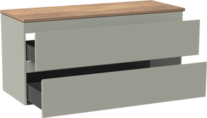 Linie Lado zwevend badkamermeubel 120 x 46 cm greige met Lado enkel of dubbel tablet in melamine natuur eik