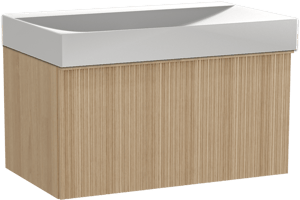 Balmani Forma meuble salle de bains suspendu 90 x 55 cm chêne naturel avec Wave plan simple en solid surface blanc mat, Nervure circulaire asymétrique verticale