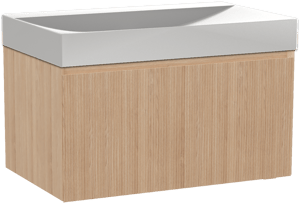 Balmani Fila by Mitra hängendes Möbelstück Set: 90 x 55 cm, Naturbelassene Eiche, mit Wave Einzelwaschtisch, Solid Surface, Weiß matt, Vertikale symmetrische gerade Rippe