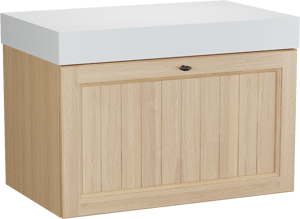 Balmani Lemon hängendes Möbelstück Set: 90 x 55 cm, Naturbelassene Eiche Furnier, mit Dominus Einzel Waschtischplatte, Weiß matt