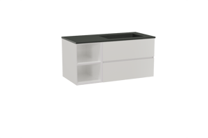 Storke Edge meuble salle de bains suspendu 110 x 52 cm blanc brillant avec Scuro plan vasque asymétrique à droite en quartz noir mat