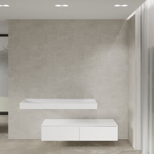 Balmani Mitra Elements hängendes Möbelstück Set: 150 x 55 cm, Weiß matt mit Wave Einzelwaschtisch für 2 Armaturenlöcher, Solid Surface Weiß matt