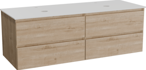 Balmani Mitra zwevend badmeubel 150 x 55 cm ruw eiken met Facetta dubbel wastafelblad in solid surface mat wit