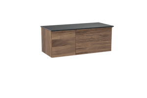 Balmani Forma hängendes Möbelstück Set: 120 x 55 cm, Amerikanischer Nussbaum, mit Stretto Einzel Waschtischplatte, Granit, Schwarzes Granit, Horizontale symmetrische gerade Rippe