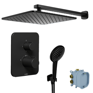 Blaufoss Smartbox Softline Duschsystem: Unterputz, inkl. Thermostat-Duscharmatur, Quadratischer Duschkopf, 30 cm, Schwarz Matt