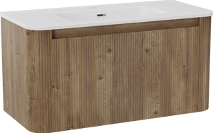 Storke Soft meuble salle de bains suspendu 100 x 46 cm chêne brut avec Kera Soft plan simple en porcelaine blanc mat, Nervure droite symétrique verticale