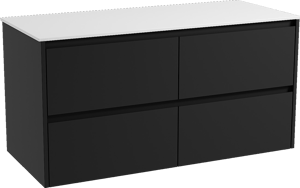 Storke Seda hängendes Möbelstück Set: 120 x 52 cm, Schwarz matt, mit Tavola Einzel- oder Doppel Waschtischplatte, Solid Surface Weiß matt