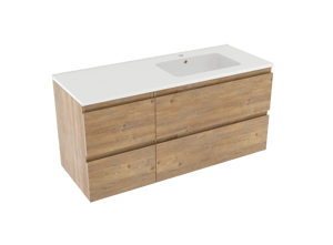 Linie Lado zwevend badkamermeubel 120 x 46 cm natuur eik met Vano asymmetrisch rechtse wastafel in composietmarmer mat wit