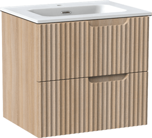 Linie Ribbo meuble salle de bains suspendu 60 x 46 cm chêne clair avec Baro plan simple en porcelaine blanc mat, Nervure circulaire symétrique verticale